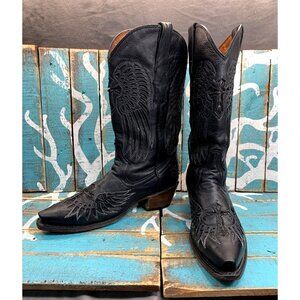 Innovation Women's US 7 Black Sequined Inlays Leather Winged Western Boots